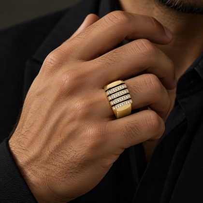 Black Enamel CZ Stripe Ring for Men 925 Sterling Silver Gold Finish