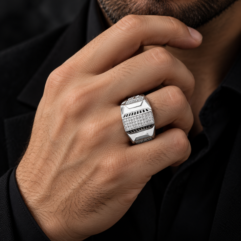 Luxury Diamond Statement Ring for Men High Polish 925 Silver
