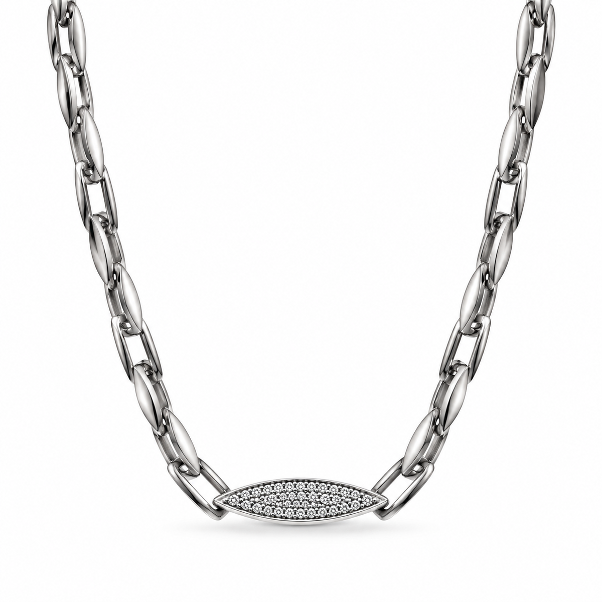 Silver paperclip chain with an oval stone-studded centrepiece.