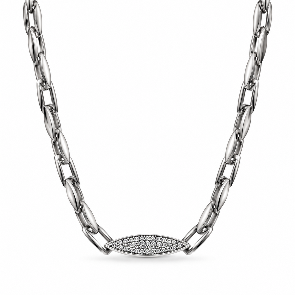 Silver paperclip chain with an oval stone-studded centrepiece.