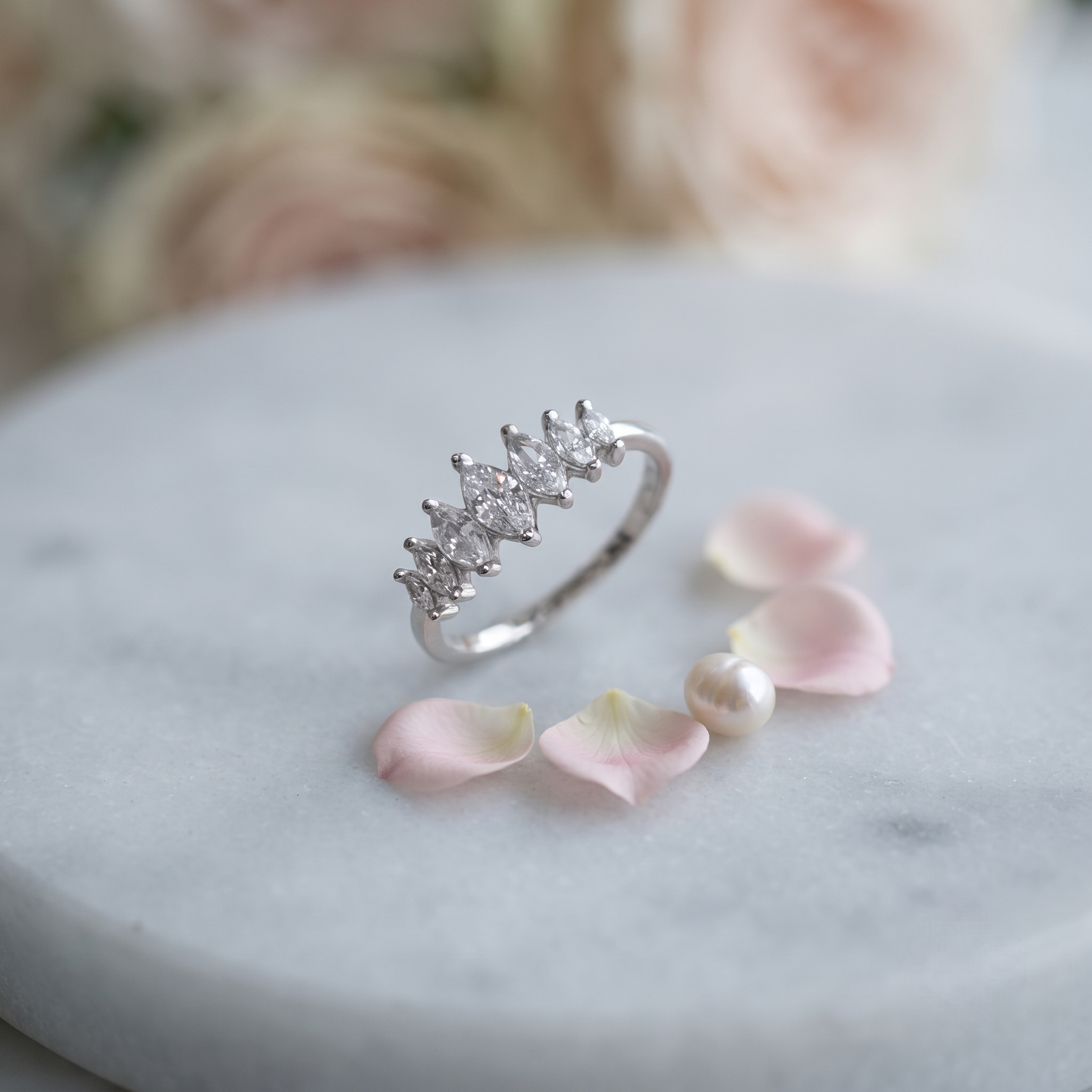 925 Sterling Silver Marquise CZ Cluster Half Eternity Ring