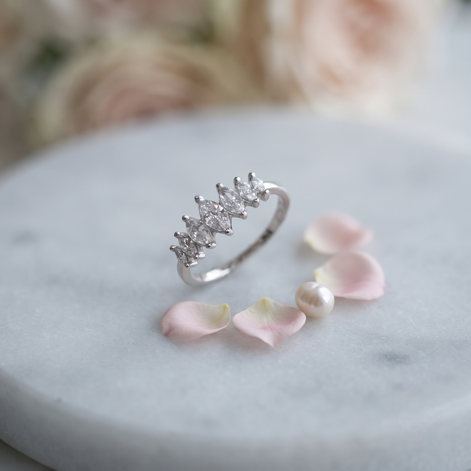 925 Sterling Silver Marquise CZ Cluster Half Eternity Ring