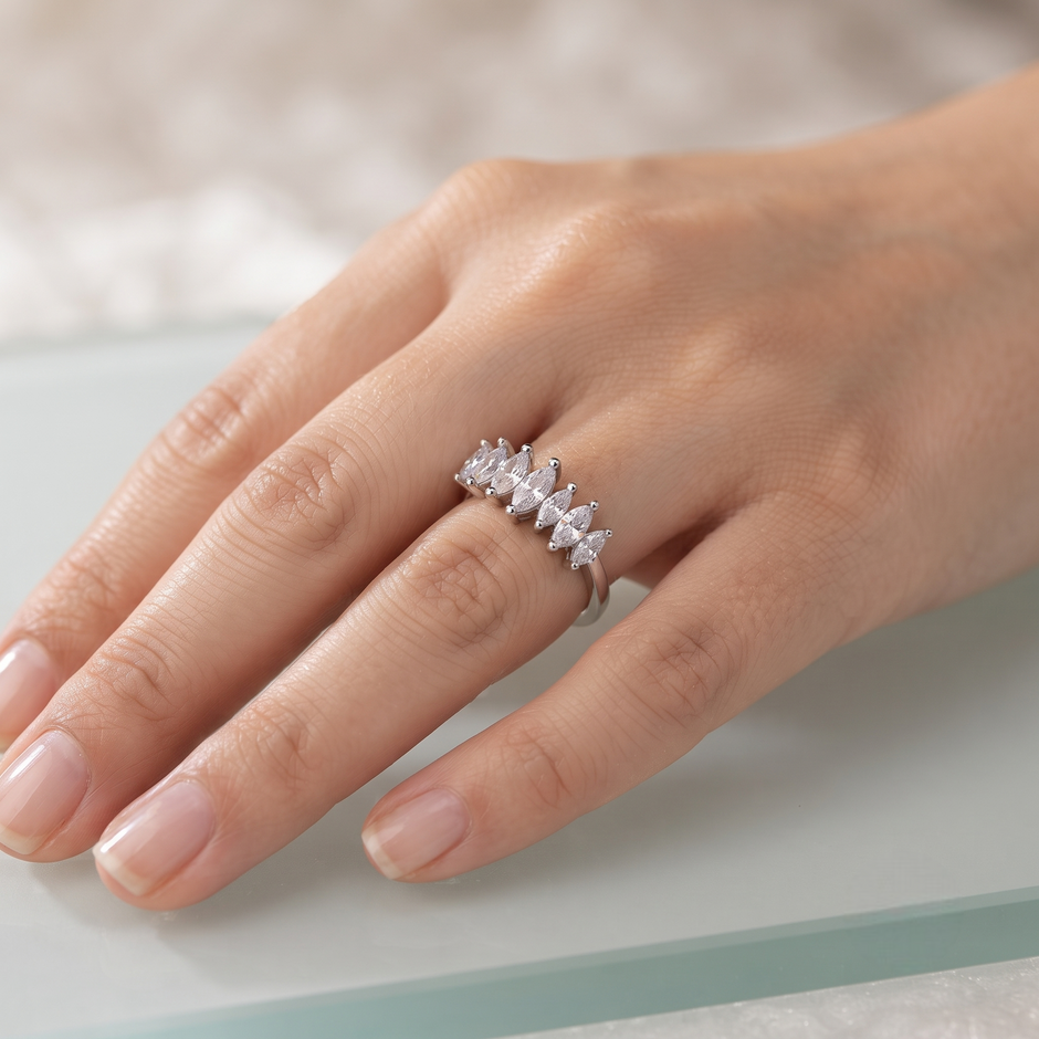 925 Sterling Silver Marquise CZ Cluster Half Eternity Ring