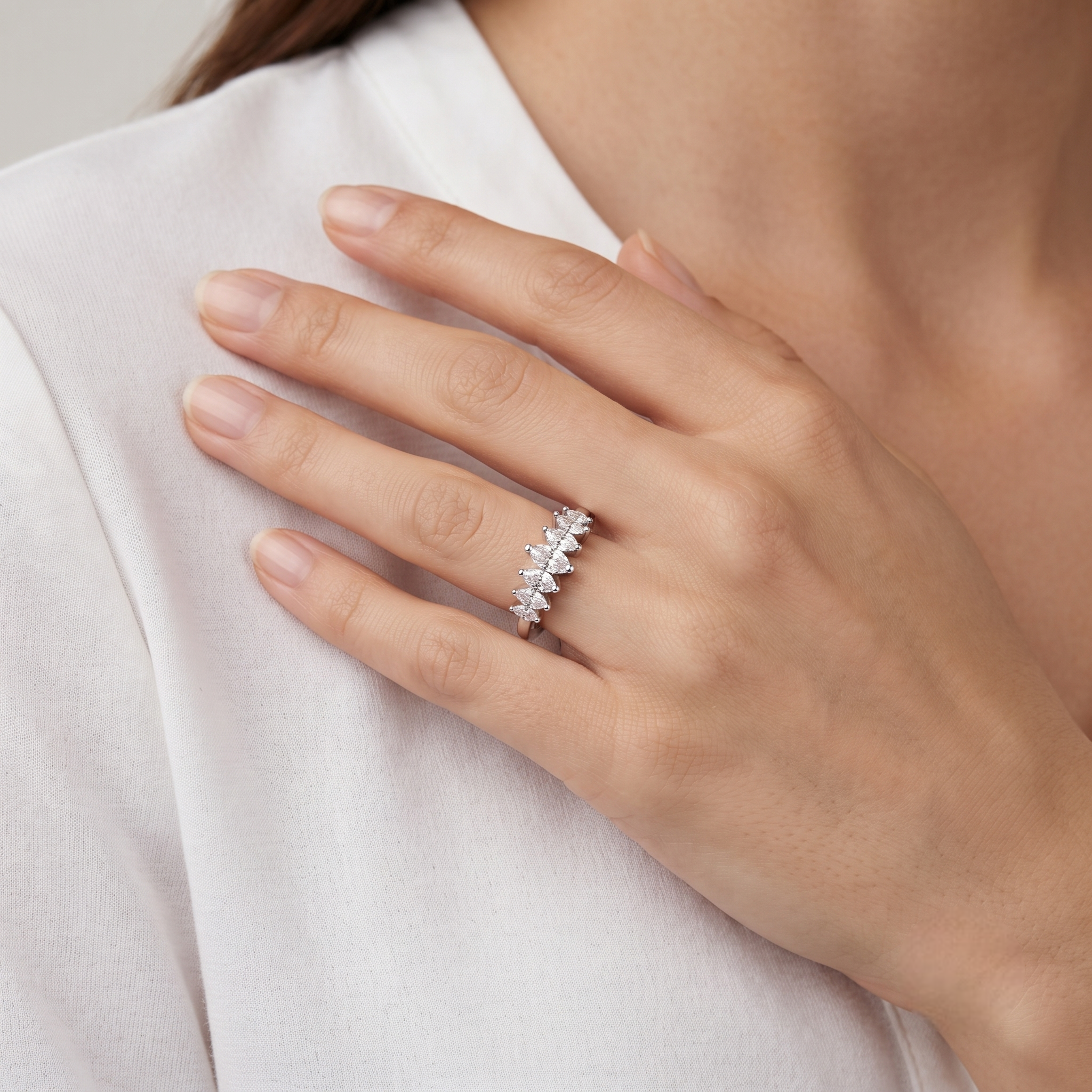 925 Sterling Silver Marquise CZ Cluster Half Eternity Ring