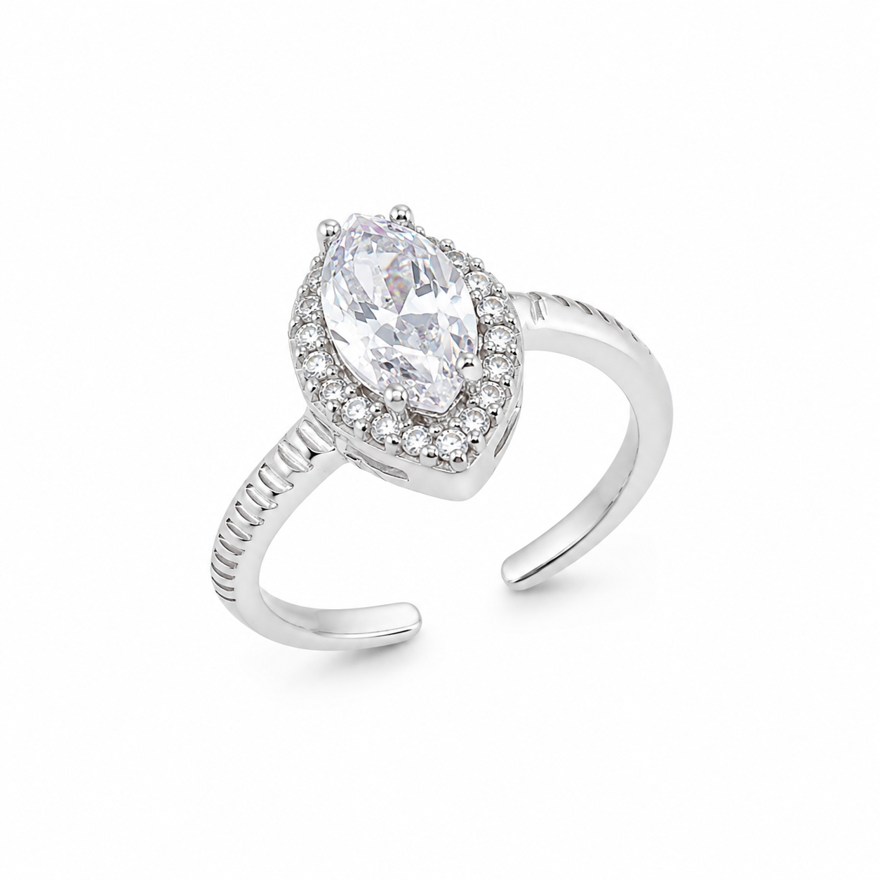 925 Sterling Silver Pear Halo CZ Open Ring