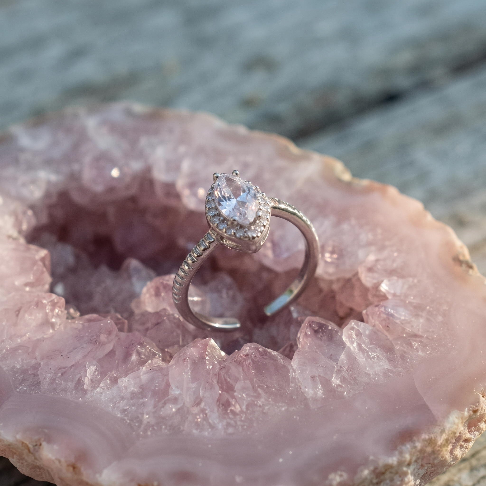 925 Sterling Silver Pear Halo CZ Open Ring