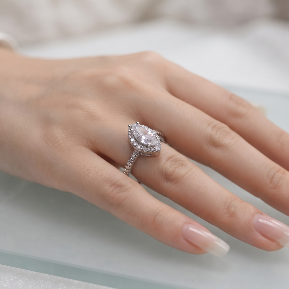 925 Sterling Silver Pear Halo CZ Open Ring
