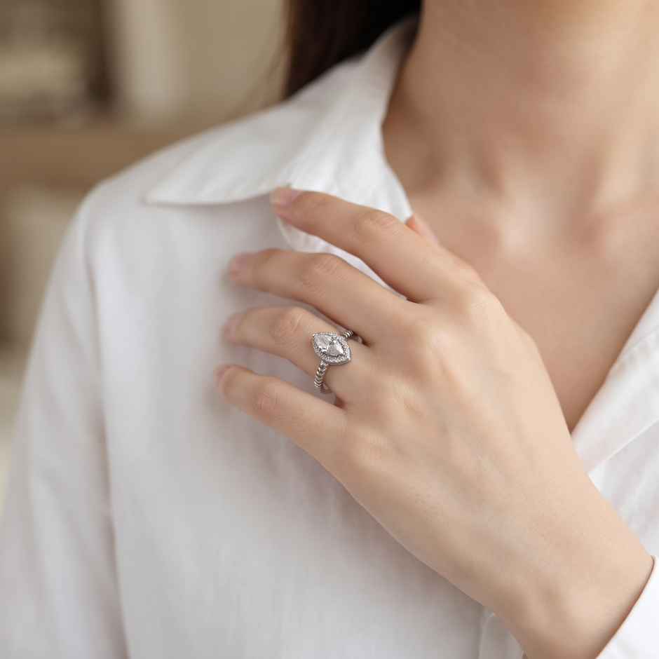 925 Sterling Silver Pear Halo CZ Open Ring