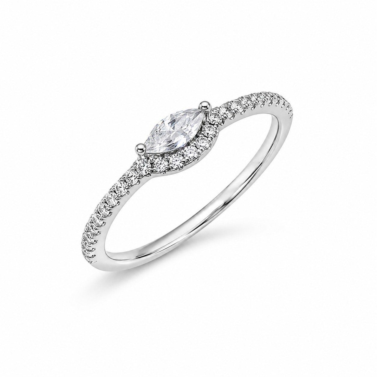 925 Sterling Silver Marquise Halo CZ Ring with Pavé Band.
