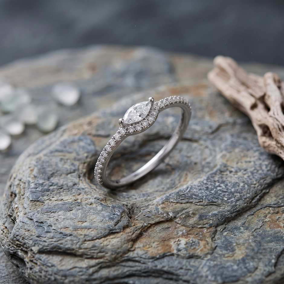 925 Sterling Silver Marquise Halo CZ Ring with Pavé Band.