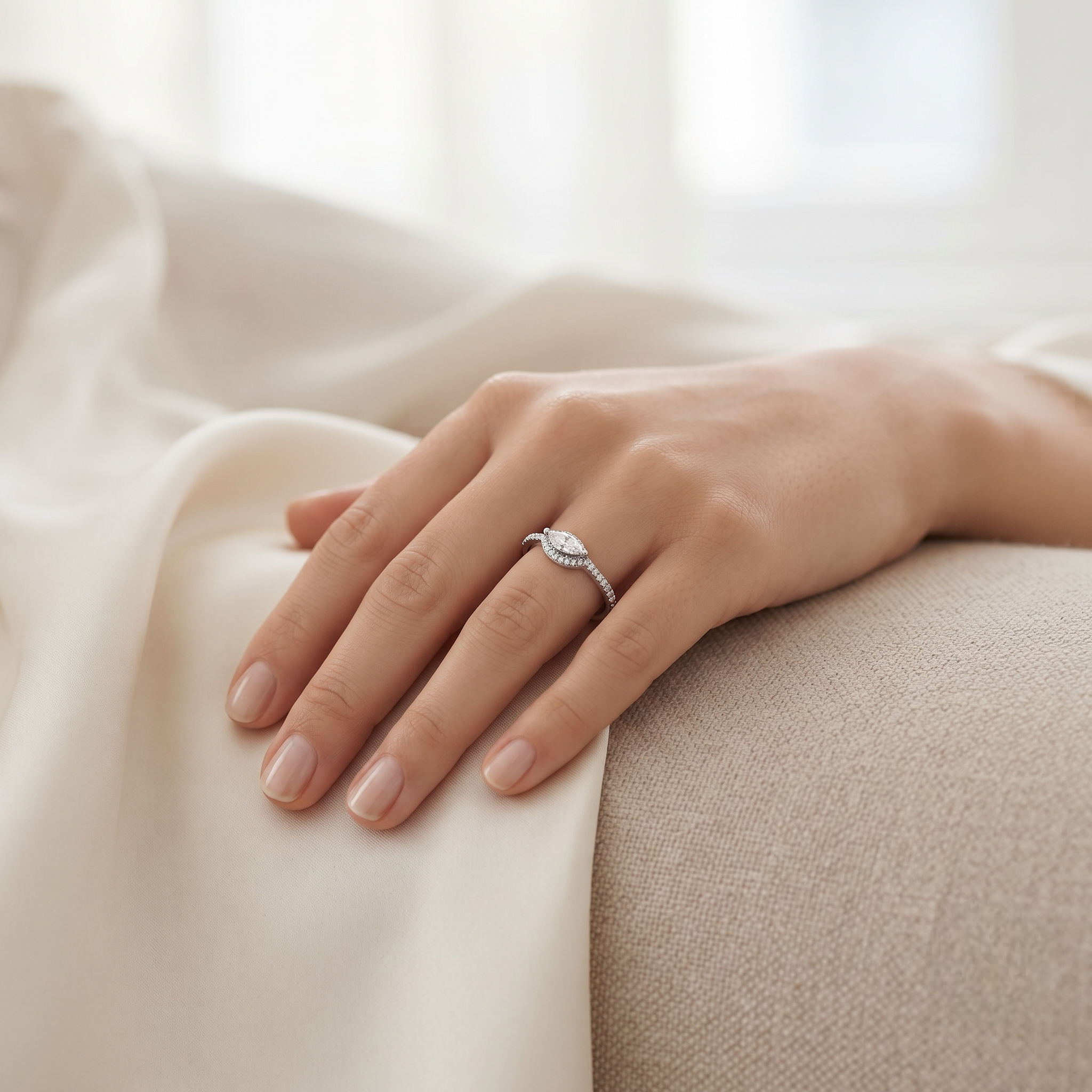 925 Sterling Silver Marquise Halo CZ Ring with Pavé Band.