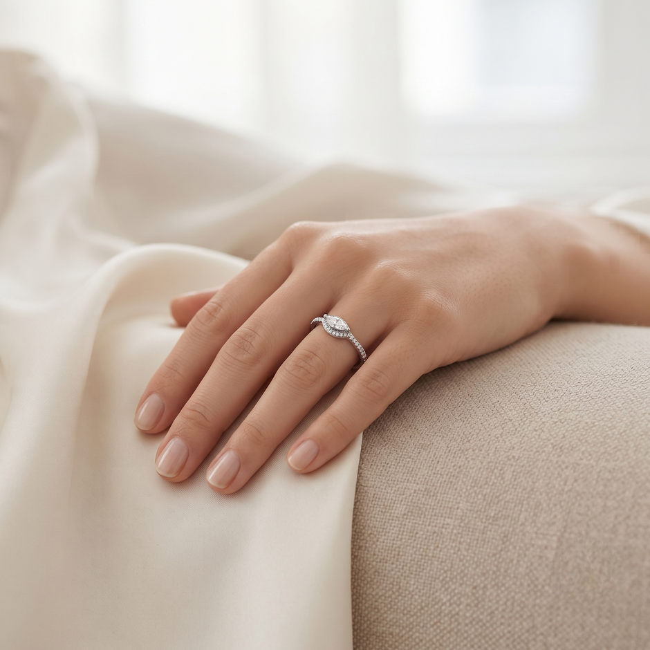 925 Sterling Silver Marquise Halo CZ Ring with Pavé Band.