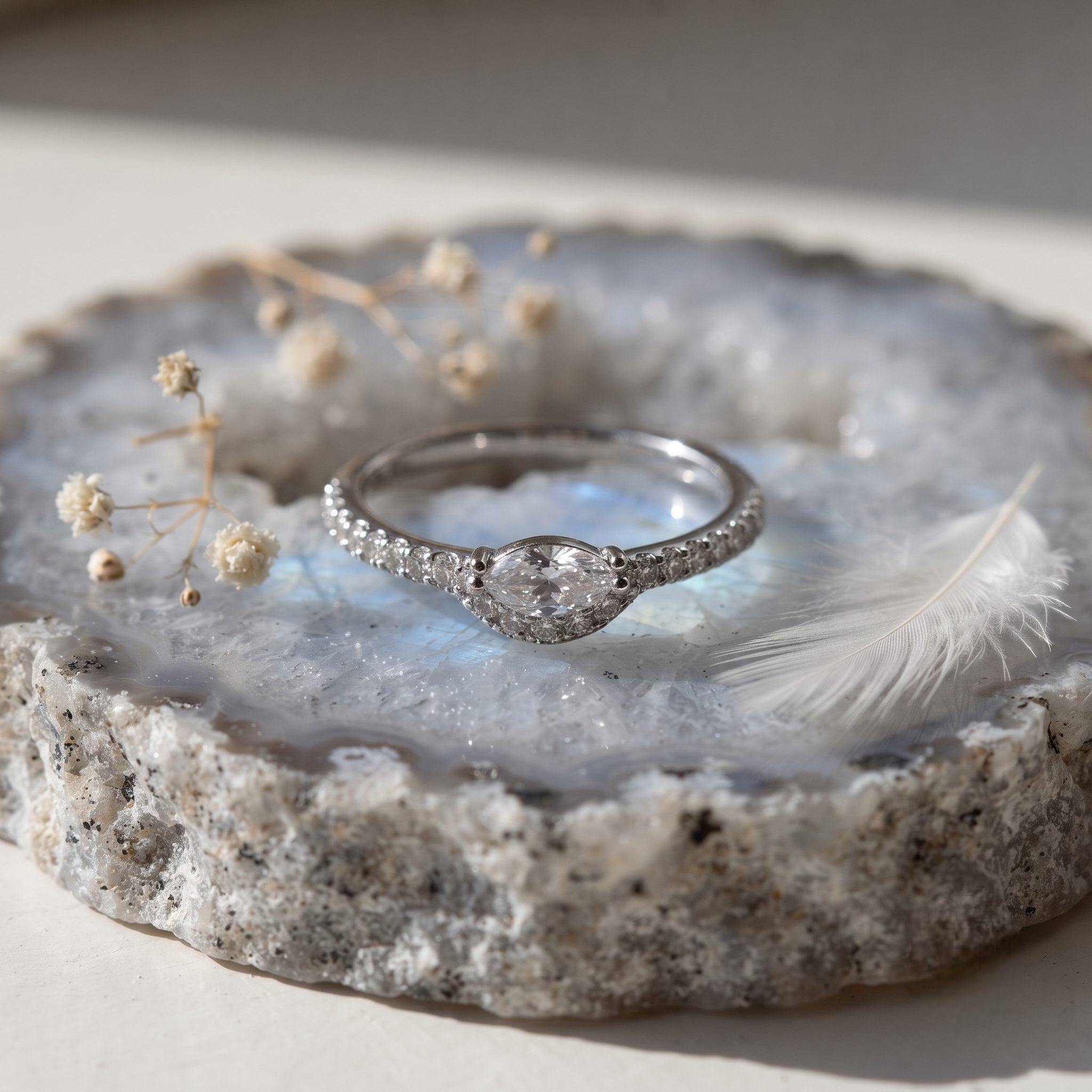 925 Sterling Silver Marquise Halo CZ Ring with Pavé Band.