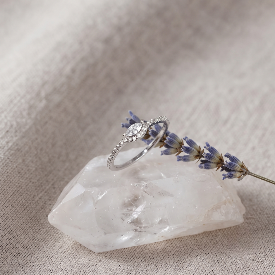 925 Sterling Silver Marquise Halo CZ Ring with Pavé Band.