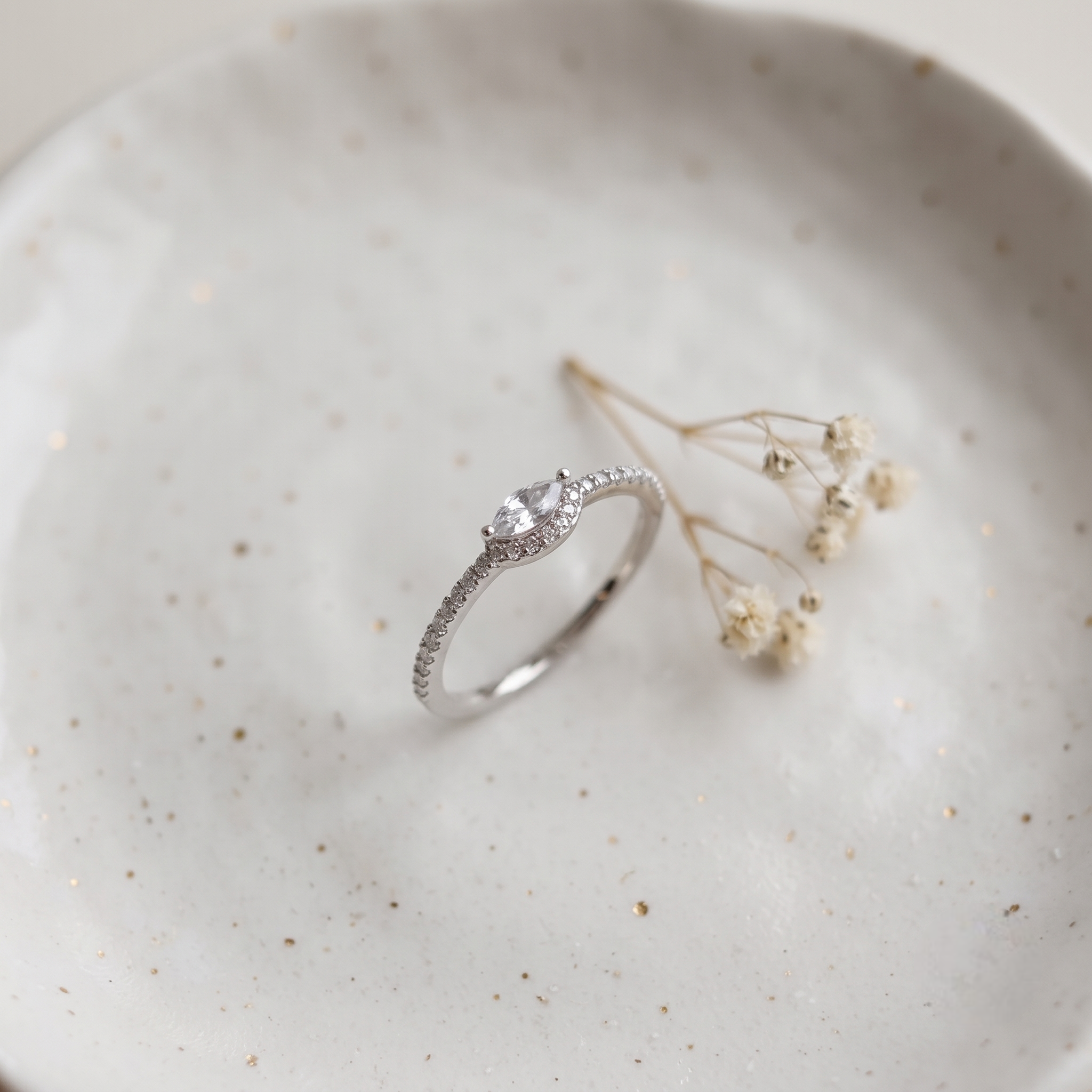925 Sterling Silver Marquise Halo CZ Ring with Pavé Band.