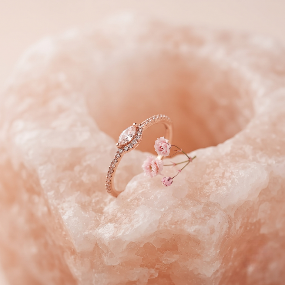925 Sterling Silver Rose Gold Marquise Halo CZ Ring with Pavé Band.