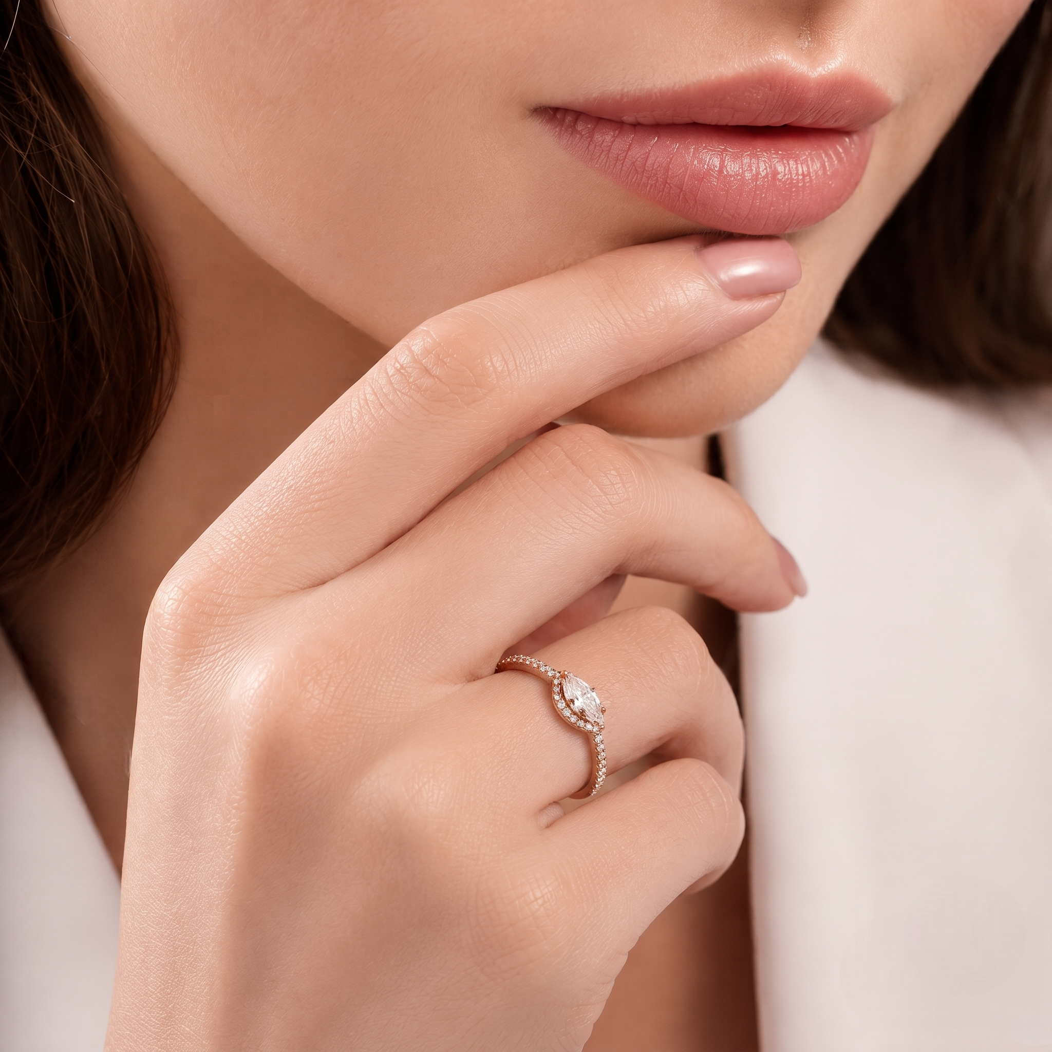 925 Sterling Silver Rose Gold Marquise Halo CZ Ring with Pavé Band.