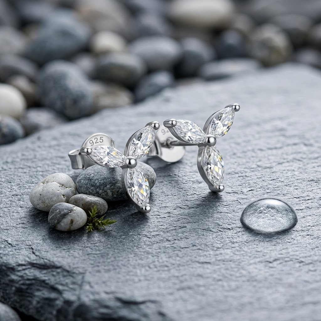 Three Leaf Marquise CZ Diamond 925 Sterling Silver Stud Earrings for Women