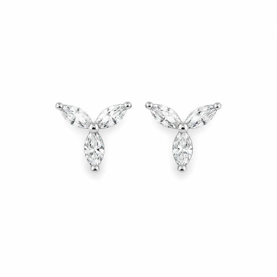 Three Leaf Marquise CZ Diamond 925 Sterling Silver Stud Earrings for Women