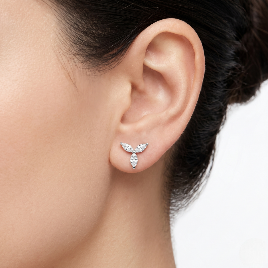 Three Leaf Marquise CZ Diamond 925 Sterling Silver Stud Earrings for Women