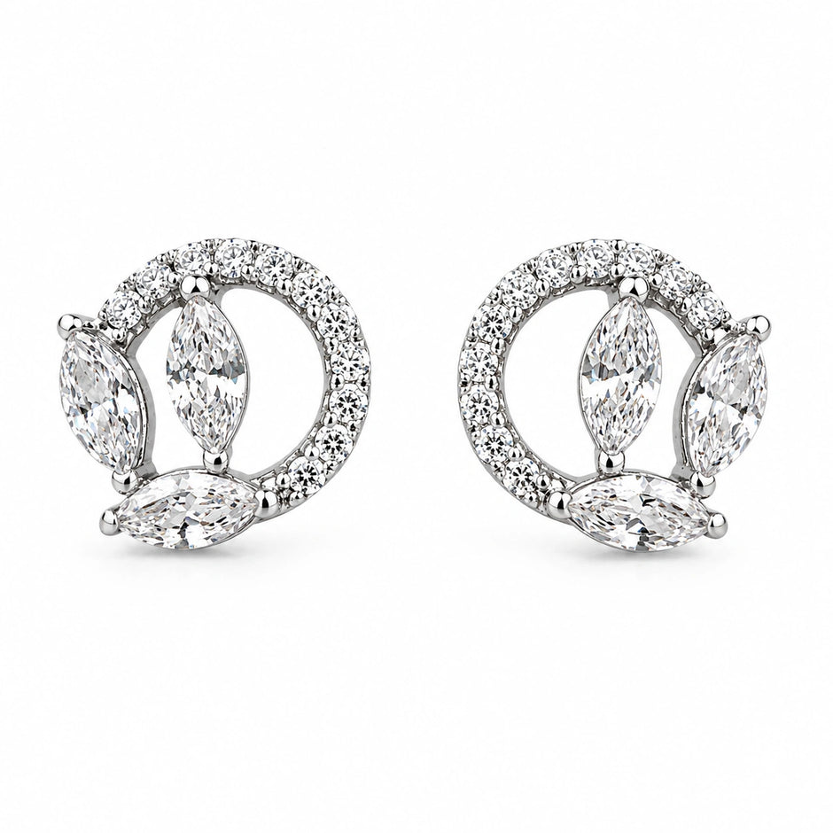 Marquise Leaf Circle Diamond 925 Sterling Silver Stud Earrings for Women