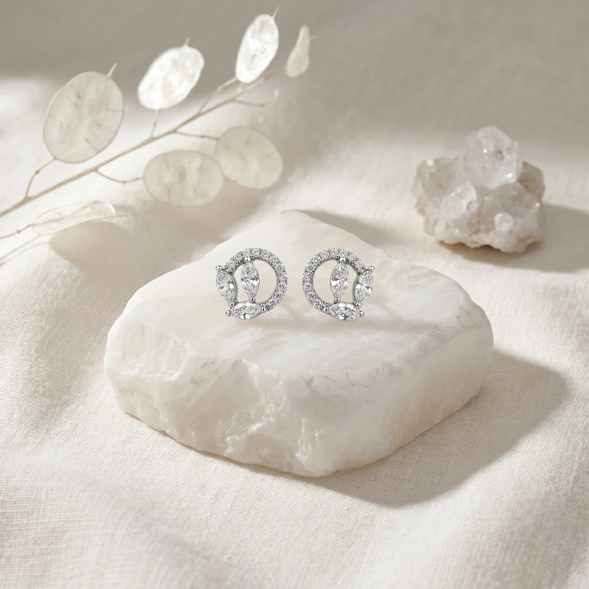 Marquise Leaf Circle Diamond 925 Sterling Silver Stud Earrings for Women