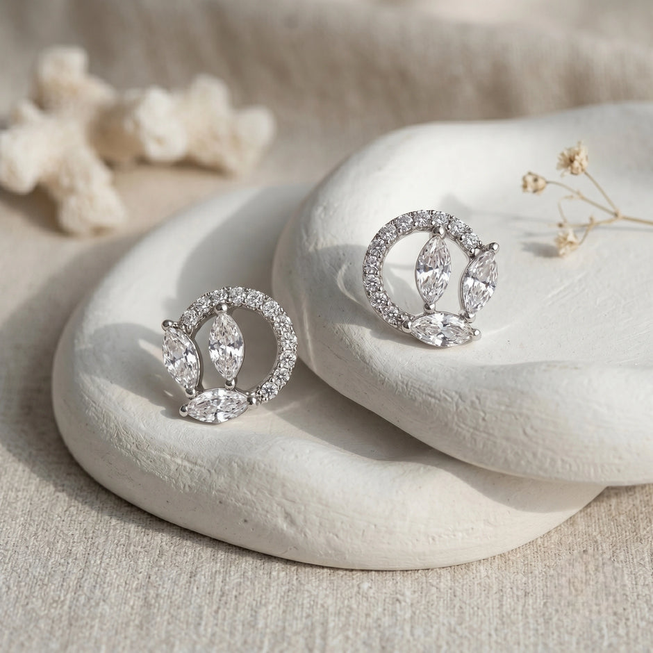 Marquise Leaf Circle Diamond 925 Sterling Silver Stud Earrings for Women
