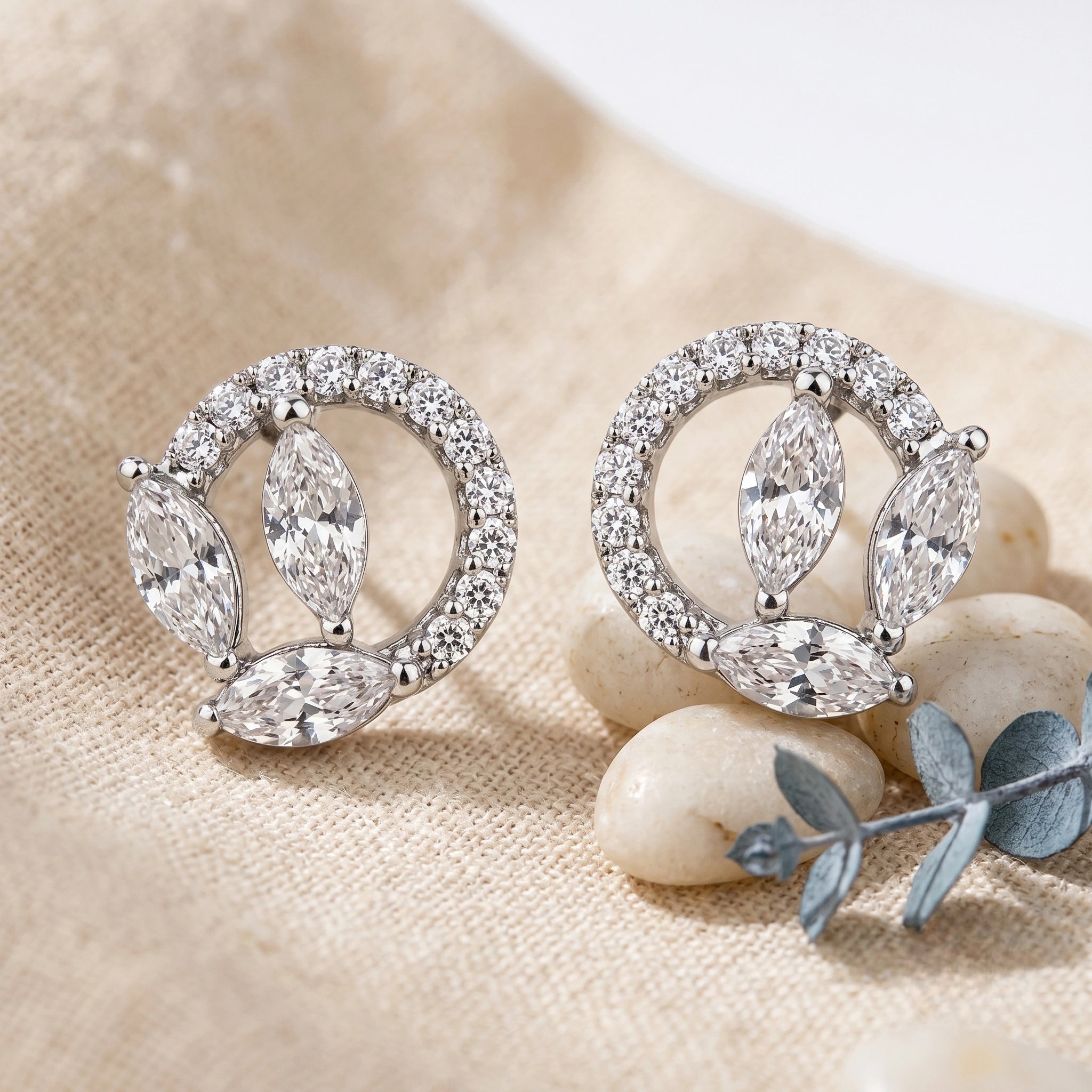 Marquise Leaf Circle Diamond 925 Sterling Silver Stud Earrings for Women