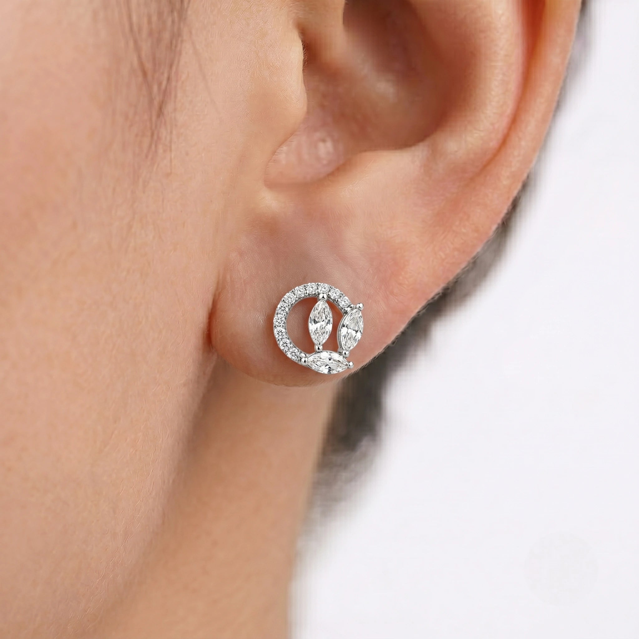 Marquise Leaf Circle Diamond 925 Sterling Silver Stud Earrings for Women