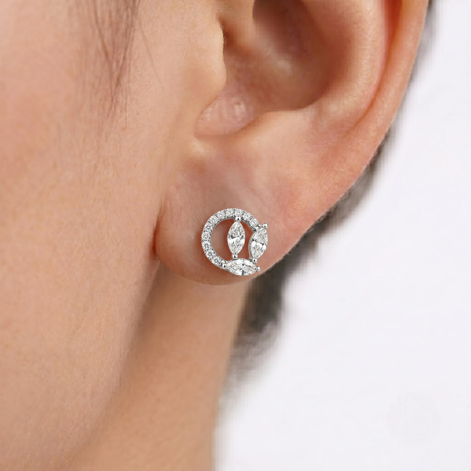 Marquise Leaf Circle Diamond 925 Sterling Silver Stud Earrings for Women