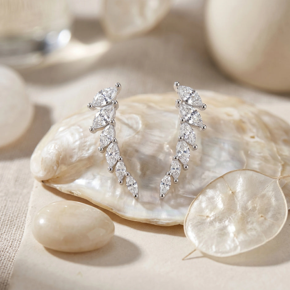 Marquise Leaf Climber Diamond 925 Sterling Silver Earrings for Women