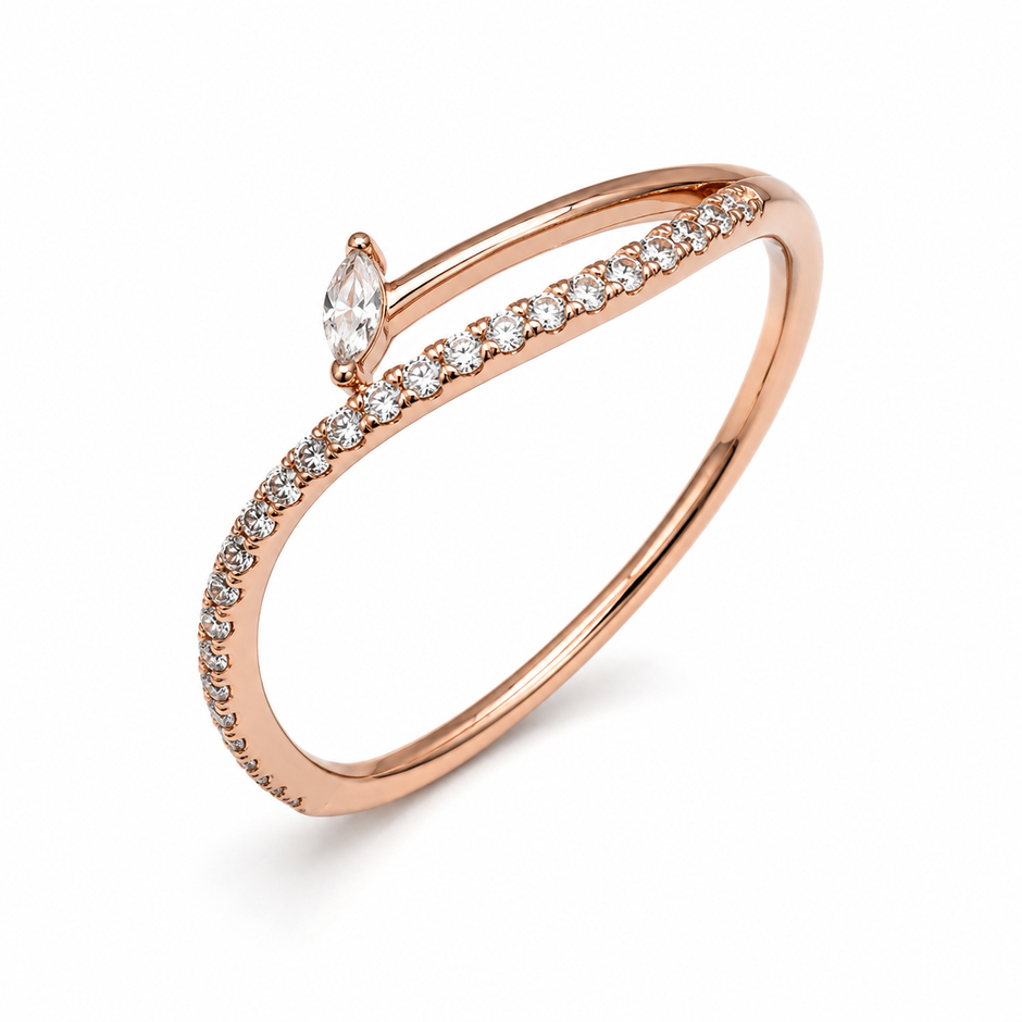 925 Sterling Silver Rose Gold Marquise CZ Solitaire Ring with Pavé Band