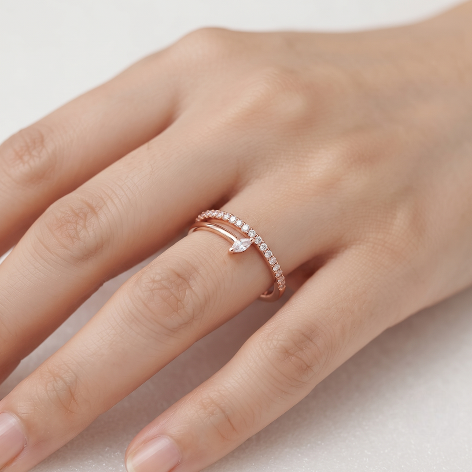 925 Sterling Silver Rose Gold Marquise CZ Solitaire Ring with Pavé Band