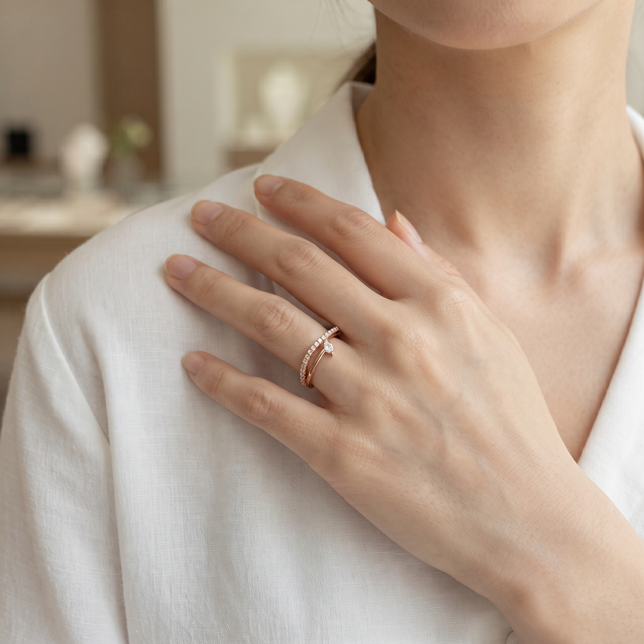 925 Sterling Silver Rose Gold Marquise CZ Solitaire Ring with Pavé Band