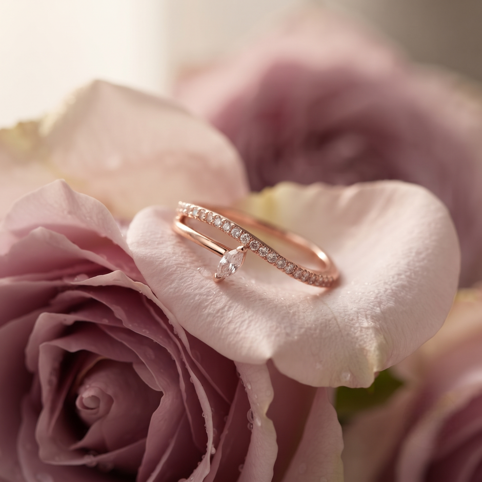 925 Sterling Silver Rose Gold Marquise CZ Solitaire Ring with Pavé Band
