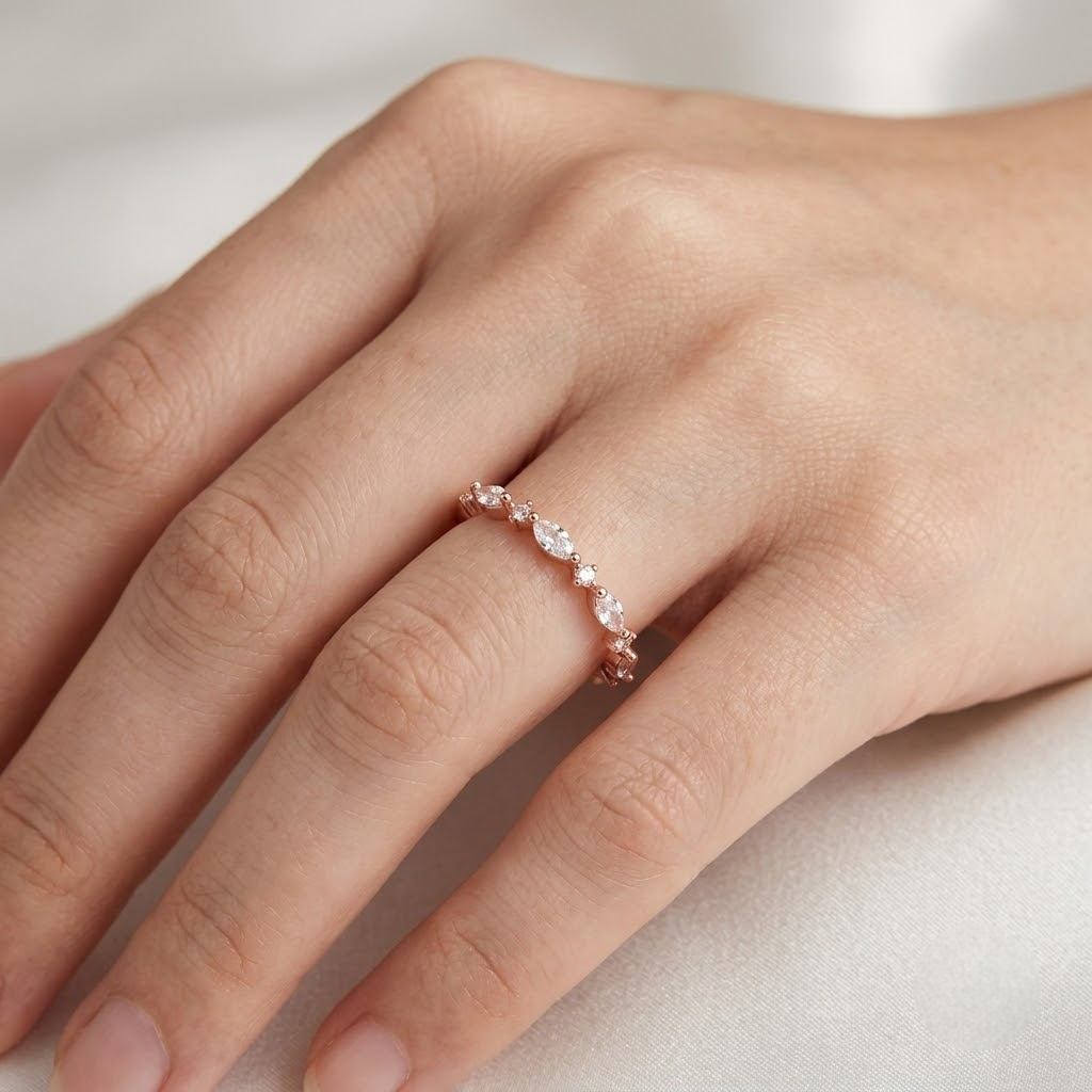925 Sterling Silver Rose Gold Marquise CZ Eternity Band Ring.