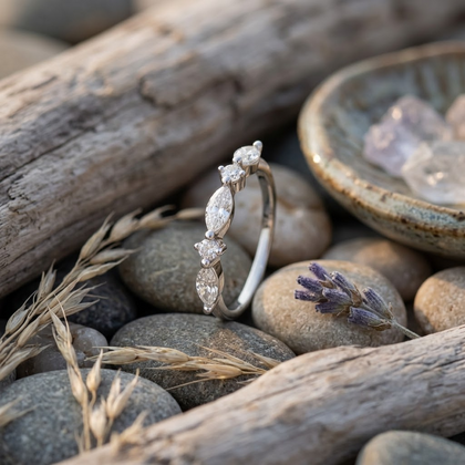 925 Sterling Silver Rose Gold Marquise & Round CZ Band Ring.