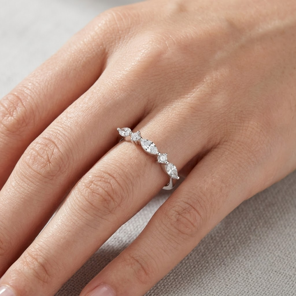 925 Sterling Silver Rose Gold Marquise & Round CZ Band Ring.