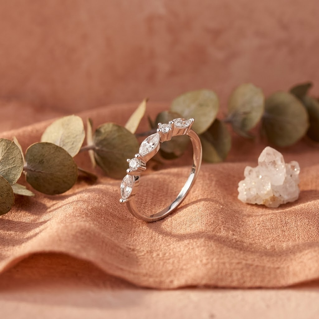 925 Sterling Silver Rose Gold Marquise & Round CZ Band Ring.