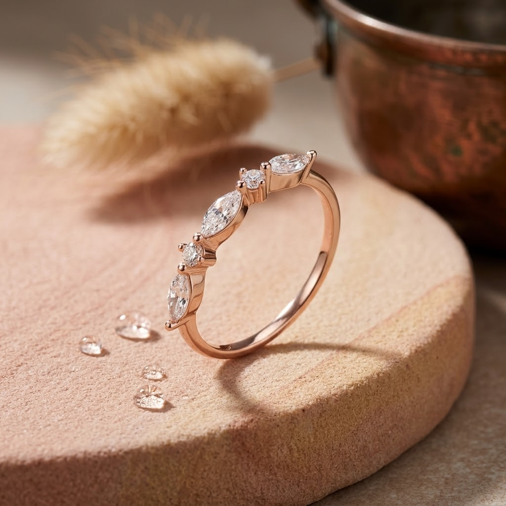 925 Sterling Silver Rose Gold Marquise & Round CZ Eternity Ring.