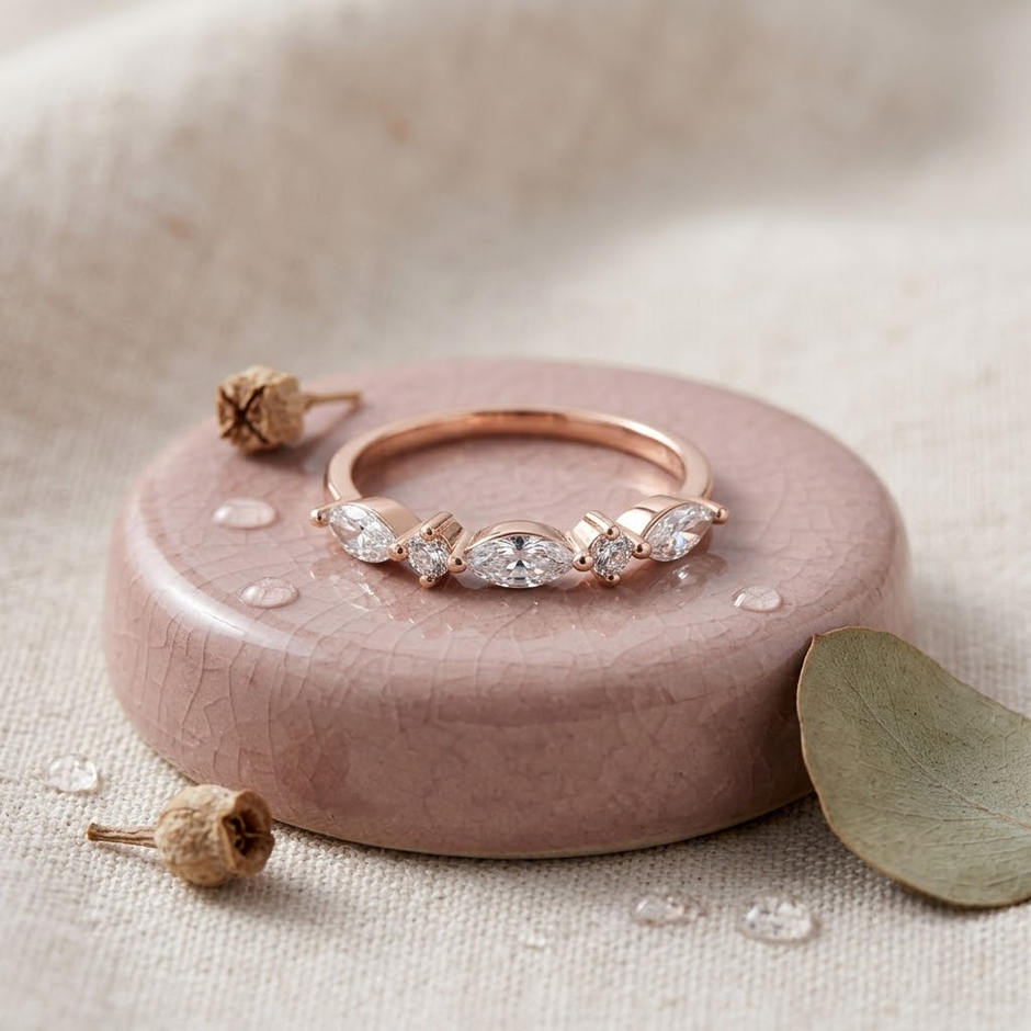 925 Sterling Silver Rose Gold Marquise & Round CZ Eternity Ring.