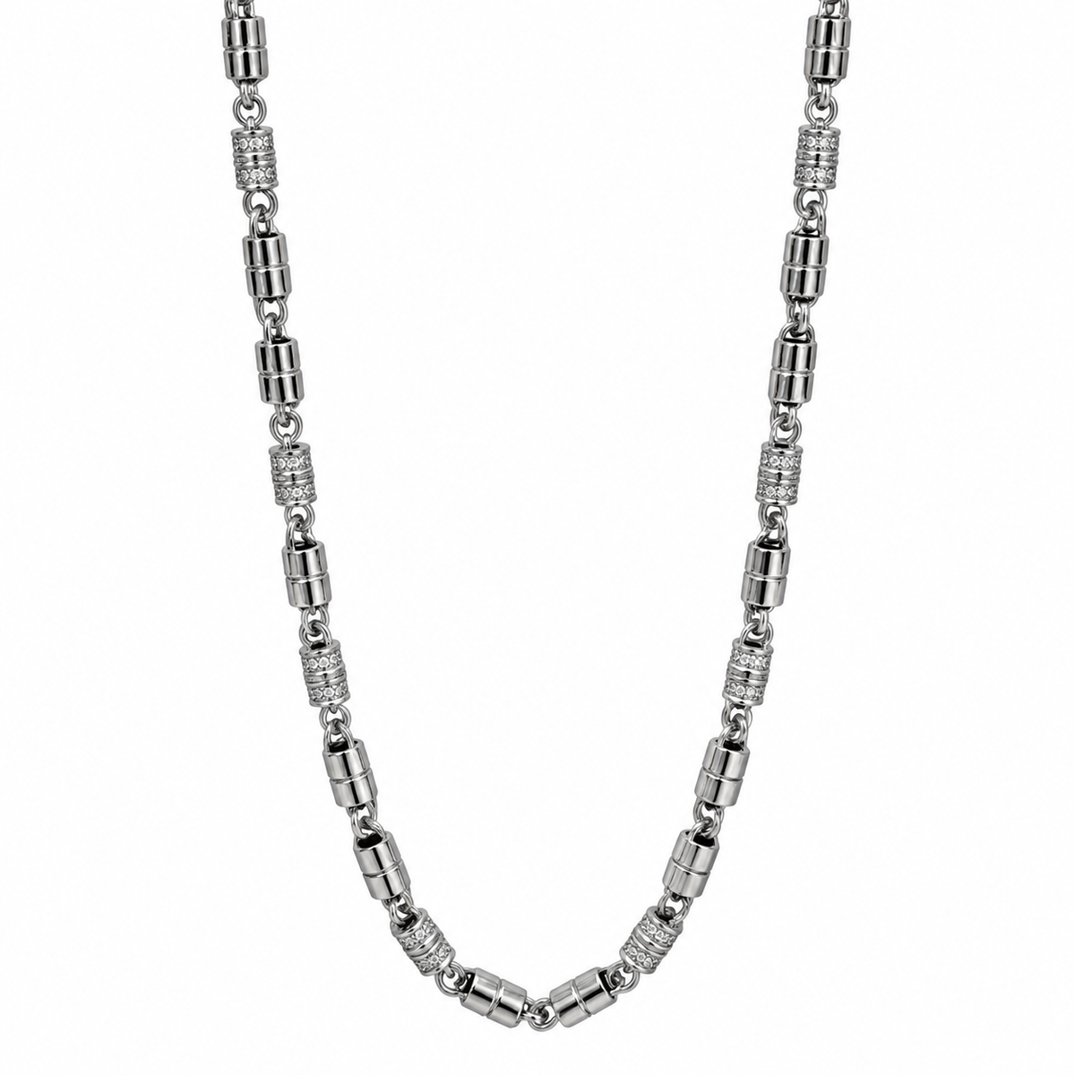 Silver chain with alternating polished cylindrical links and stone-studded barrel accents.