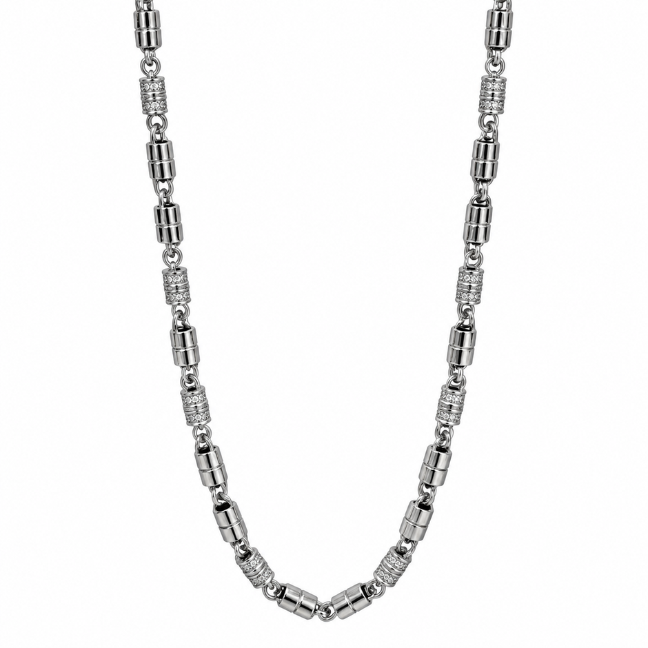 Silver chain with alternating polished cylindrical links and stone-studded barrel accents.