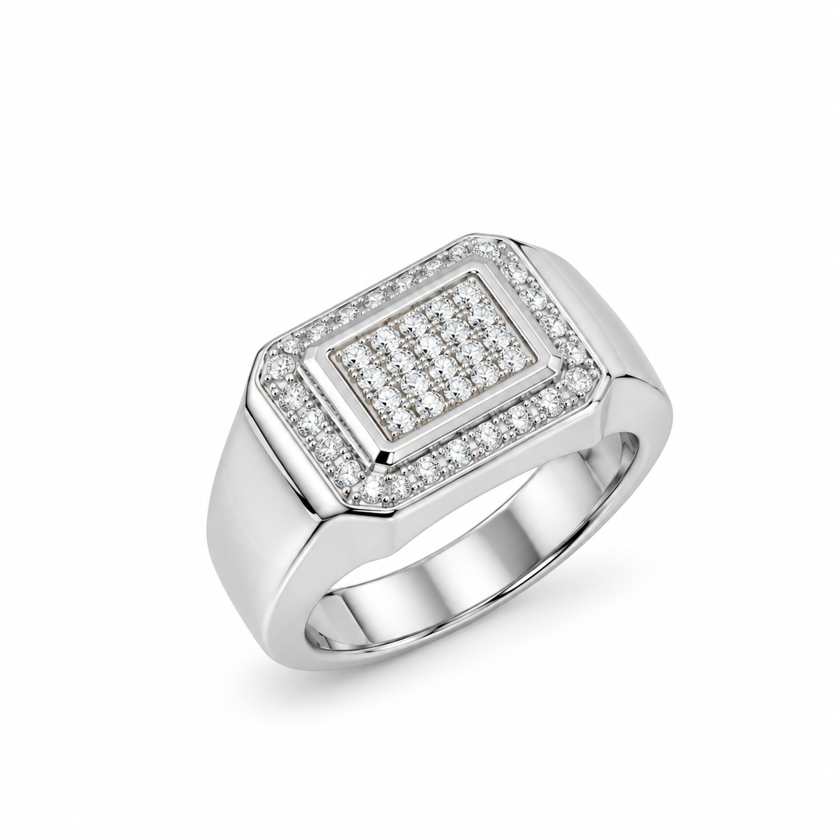 Silver ring with a square pavé-set centre, stone-studded halo and wide polished band.