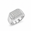 Silver ring with a square pavé-set centre, stone-studded halo and wide polished band.