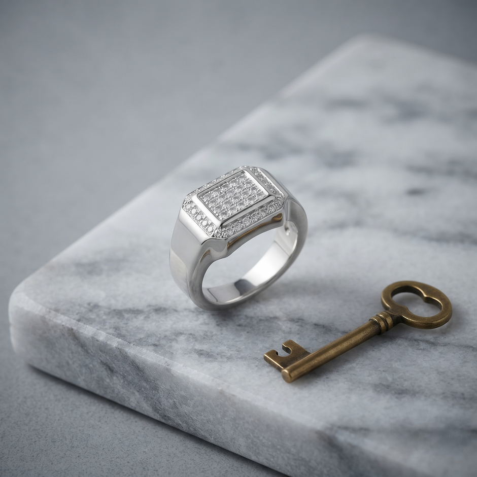 Silver ring with a square pavé-set centre, stone-studded halo and wide polished band.
