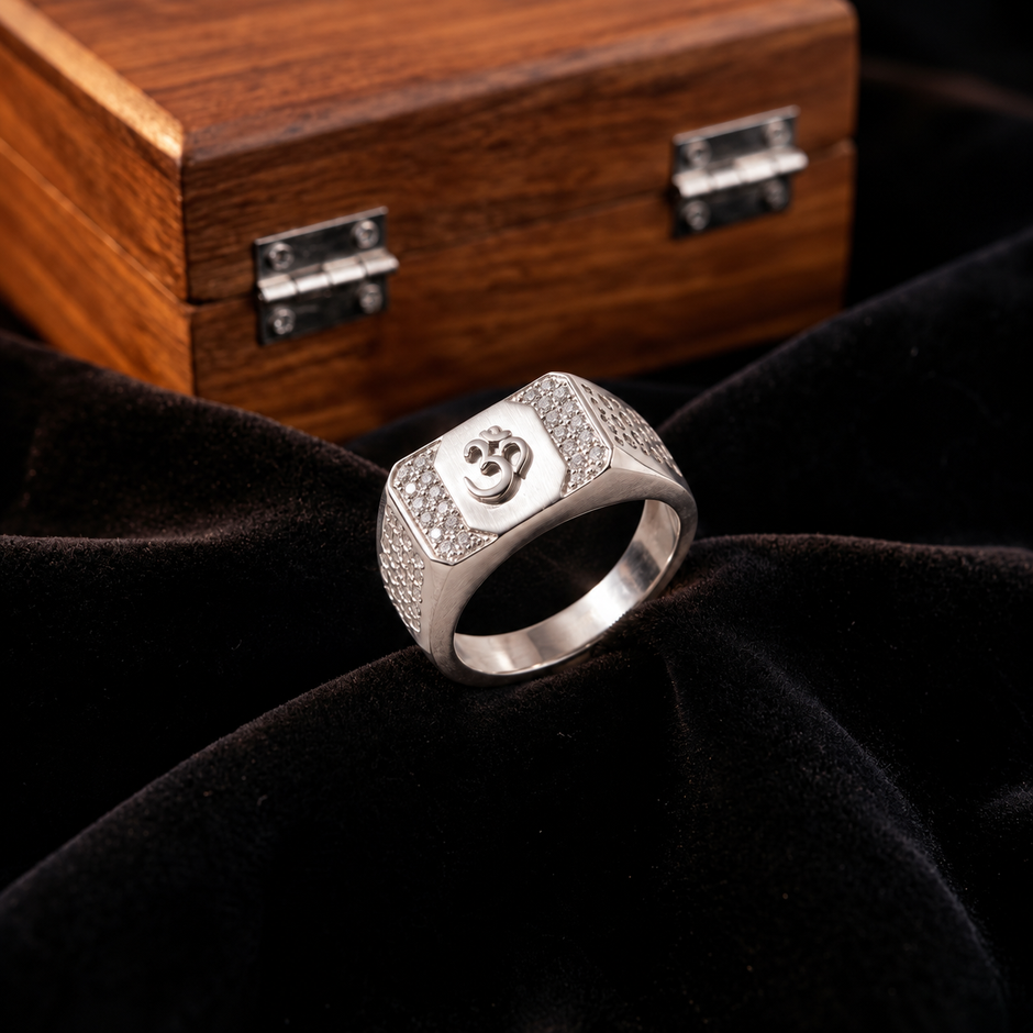 Men’s 925 Sterling Silver Om CZ Ring | Spiritual Statement Ring for Men