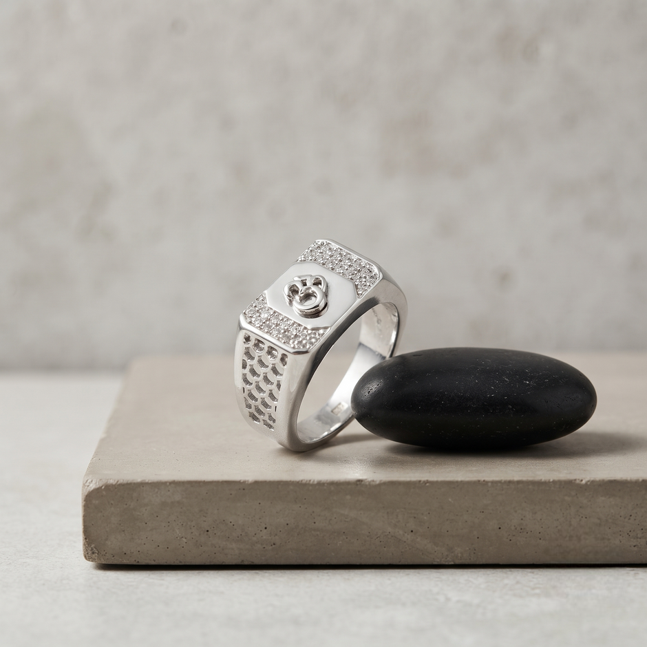Men’s 925 Sterling Silver Om CZ Ring | Spiritual Statement Ring for Men
