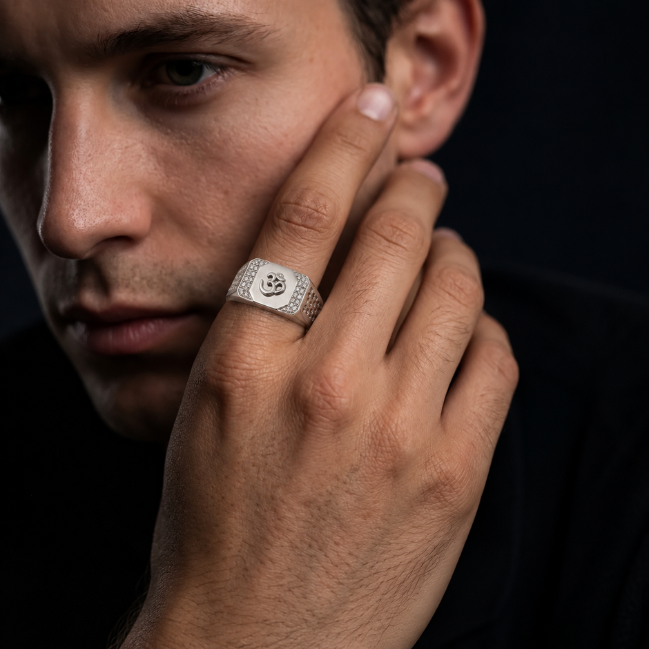 Men’s 925 Sterling Silver Om CZ Ring | Spiritual Statement Ring for Men