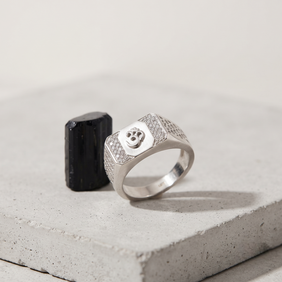Men’s 925 Sterling Silver Om CZ Ring | Spiritual Statement Ring for Men